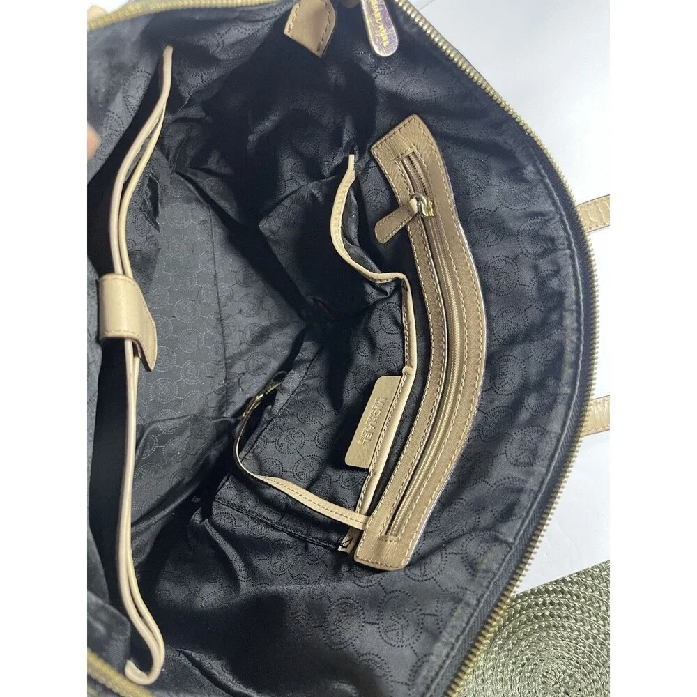 Michael Kors MK Logo Black Tote Bag Zip Gold Beige Straps Dust Bag